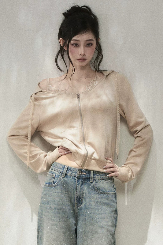 Lace Hooded Lyocell Blend Air Layer Sweatshirt