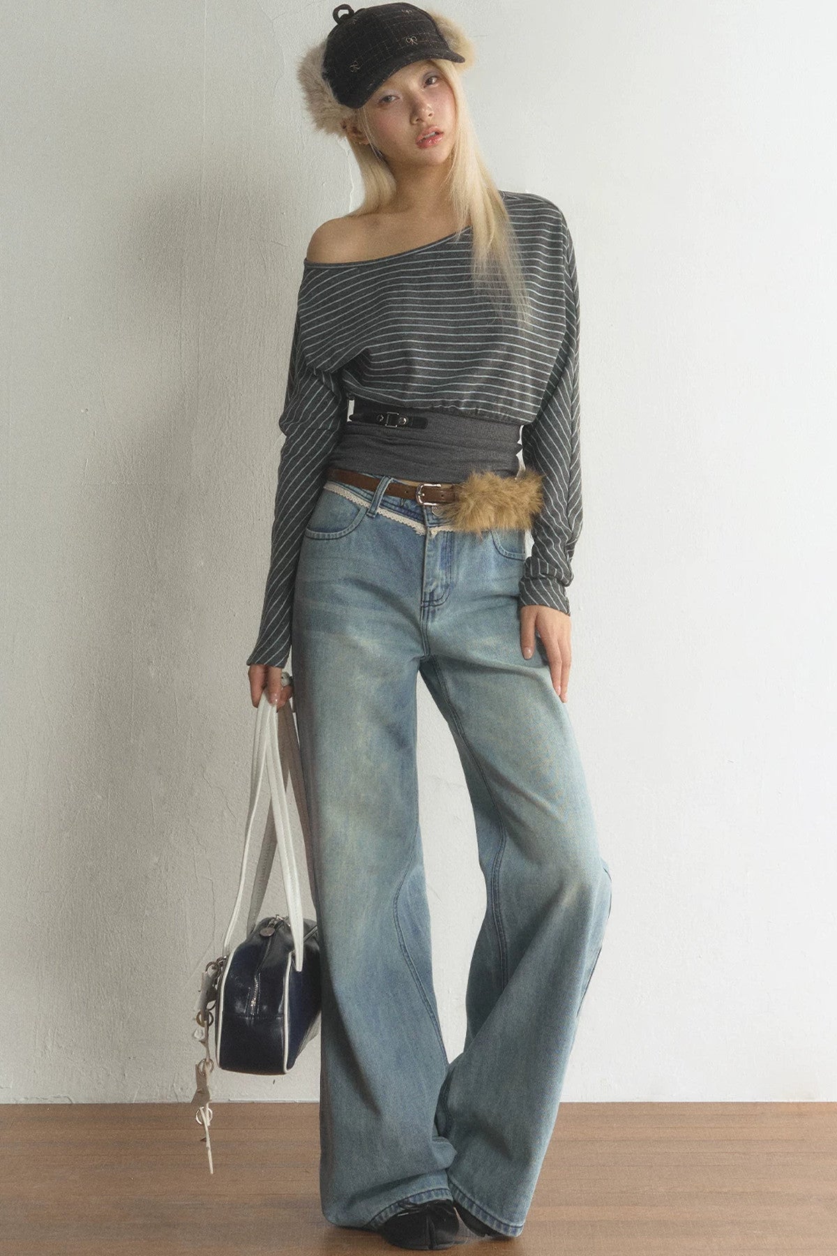 Striped Off-Shoulder Top and Jeans Set-Up
