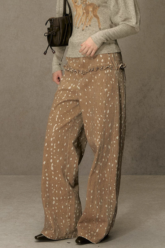 Spotted Ruffle Wide-Leg Pants