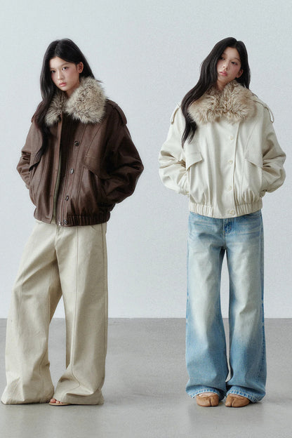 Fur Collar Button-Up Short Jacket