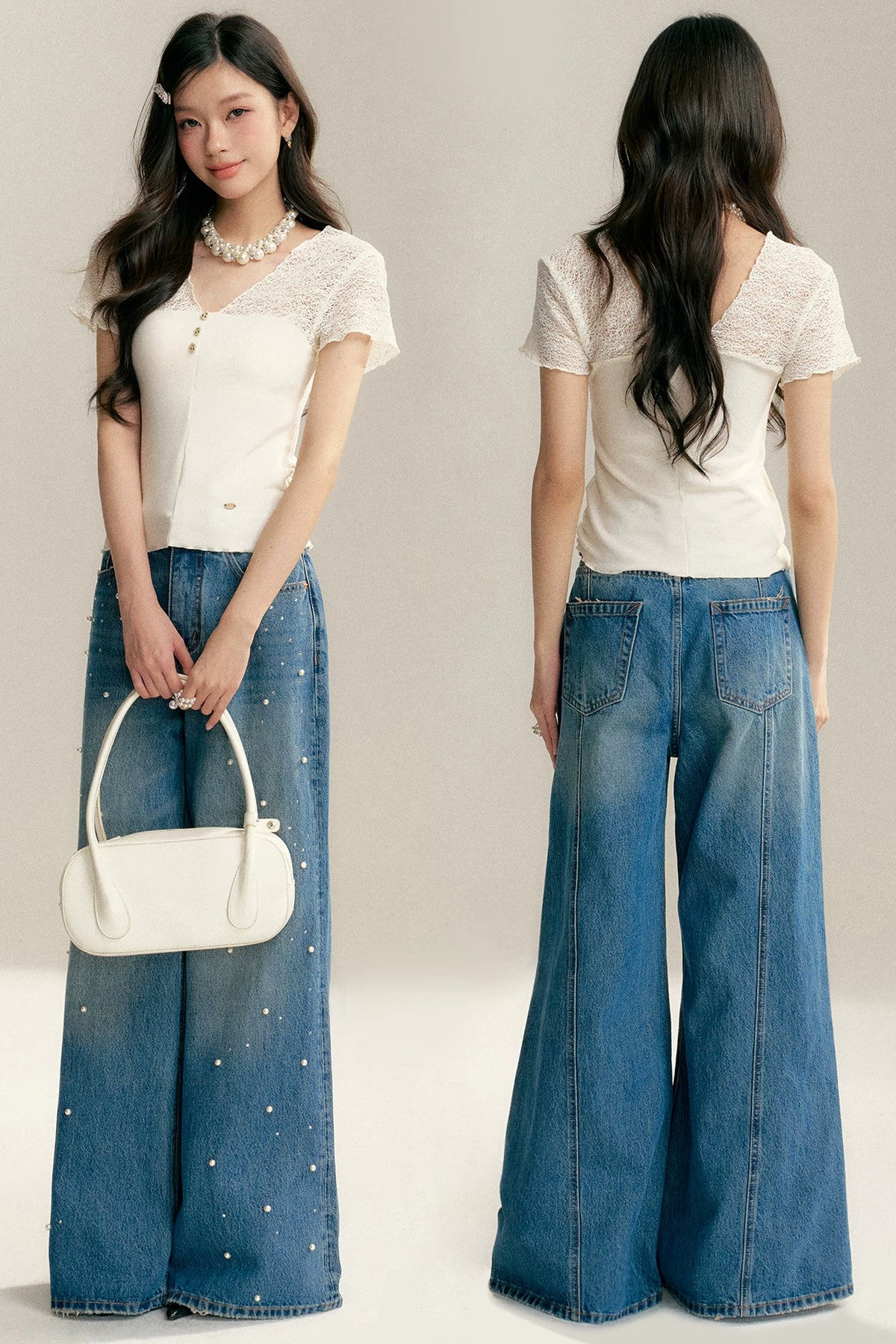Pearl Rhinestone Wide Leg Jeans