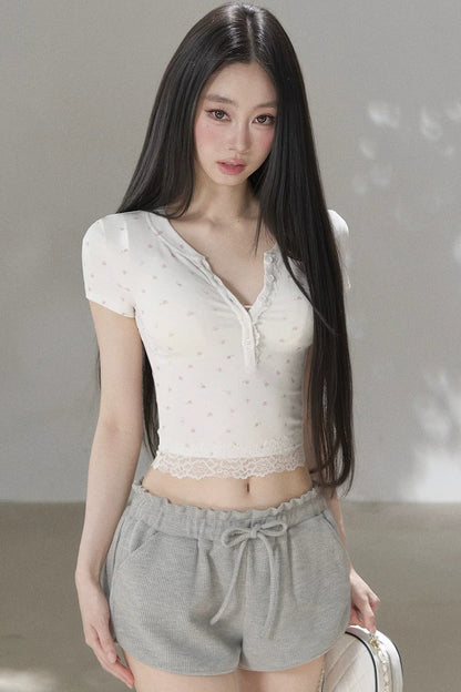 Floral Print Henley Lace Trim Top