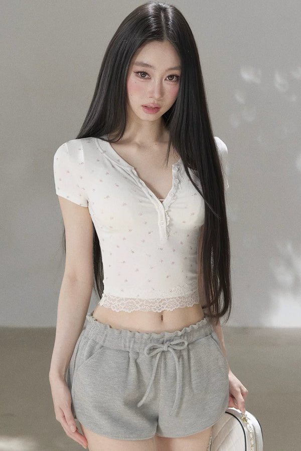 Floral Print Henley Lace Trim Top