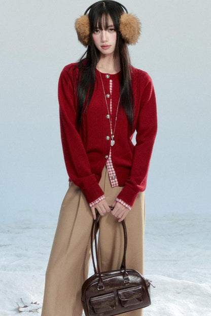 Red Patchwork Knit Cardigan