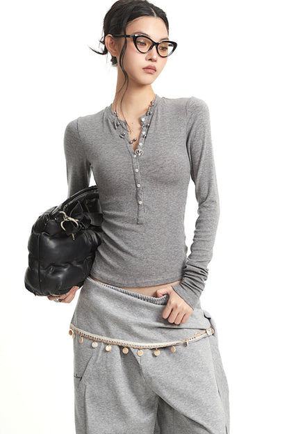 Vintage Grey V-Neck Long Sleeve T-Shirt