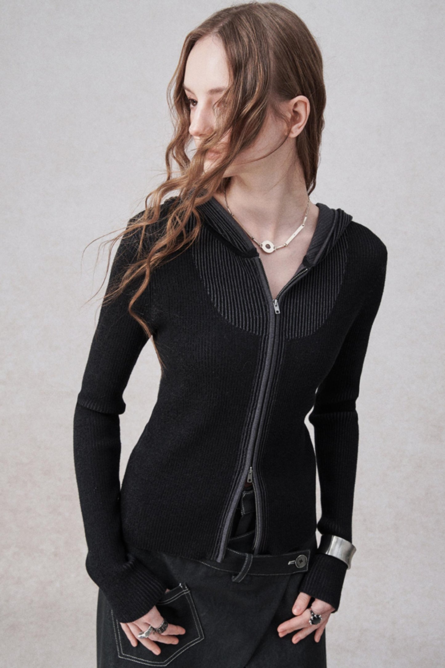 니트 후드 카디건 