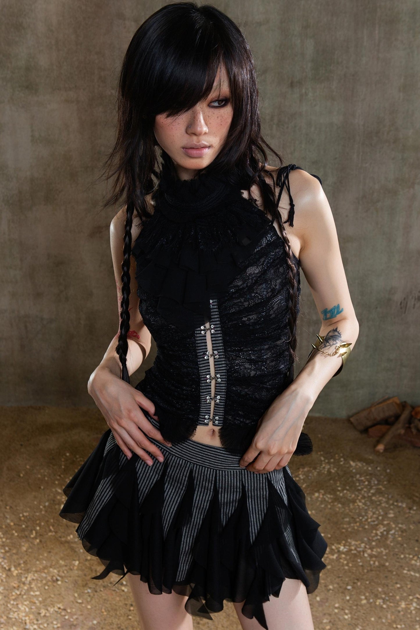 Necklace Accessory Multi-Ruched Lace Halter Top Set