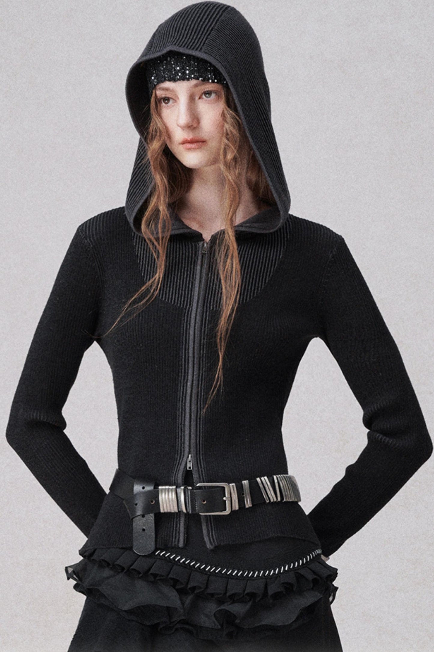 니트 후드 카디건 