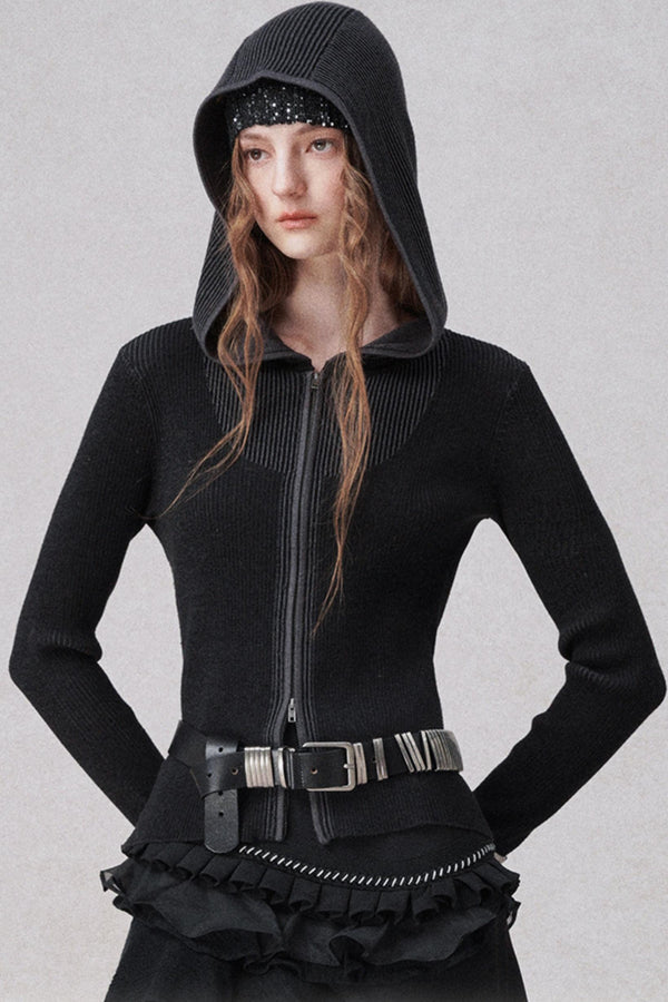 니트 후드 카디건 