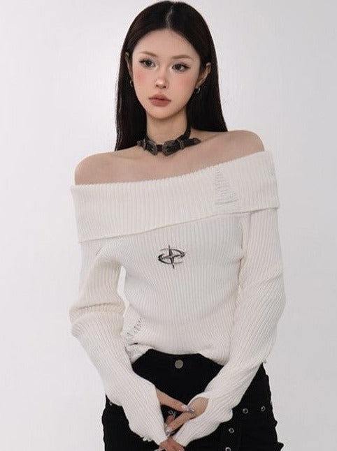 One-shoulder slim cropped knit