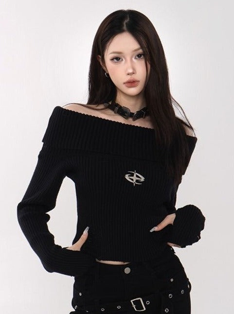 One-shoulder slim cropped knit