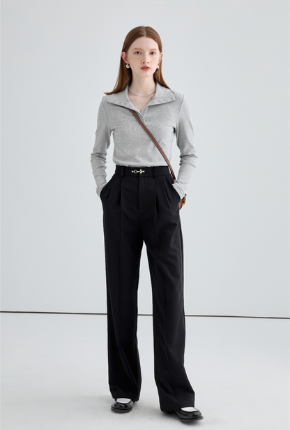 Wide Draped Buckle Pleated Pants