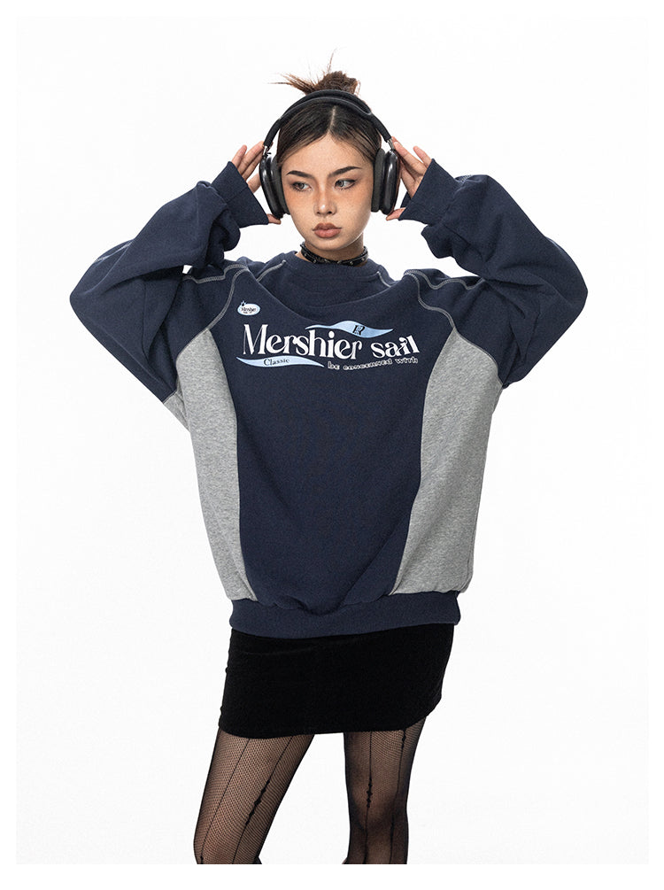 Street Casual Contrasting Top-stitch Letter Print Sweatshirt