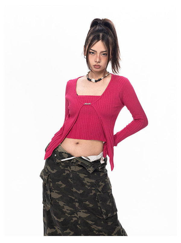Metal Label Fake Two-piece Core-spun Yarn Sweater