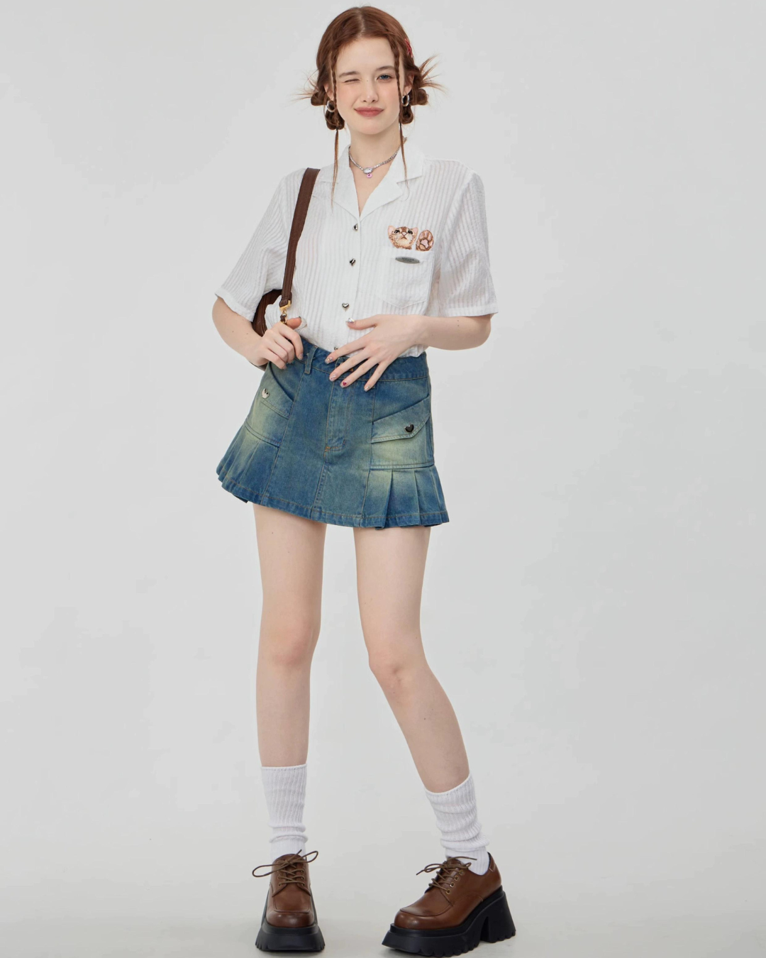 Pleated Denim Mini Skirt