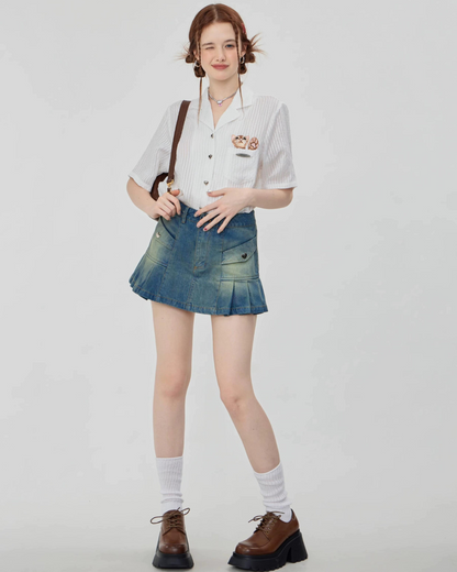 Pleated Denim Mini Skirt