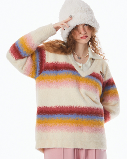 Stitching Rainbow stripes V-neck Sweater