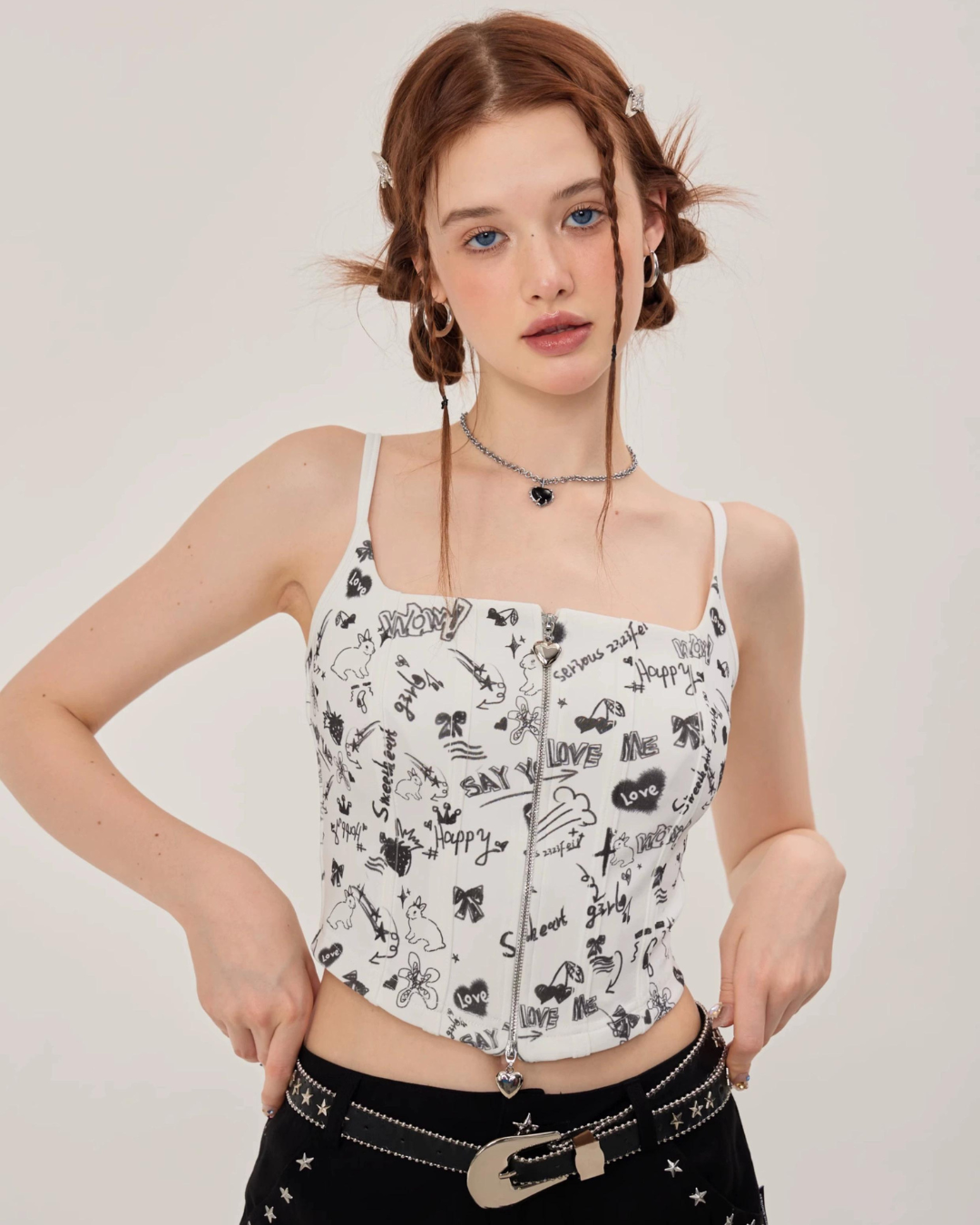 Graffiti bedruckte Reißverschluss -Rib -Camisole