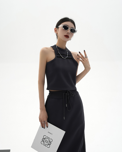 Halter Neck Sleeveless Top & Side Line Skirt