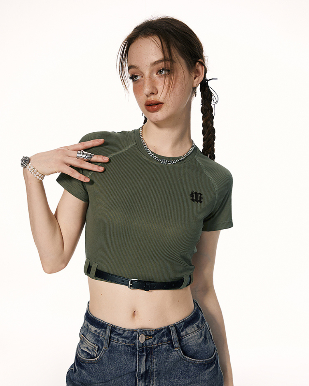 Belt Design Knit Short Sleeve T-Shirt