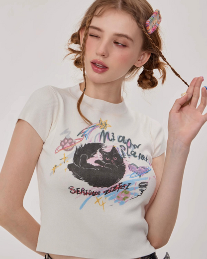 French Cat Mock Neck T-shirt