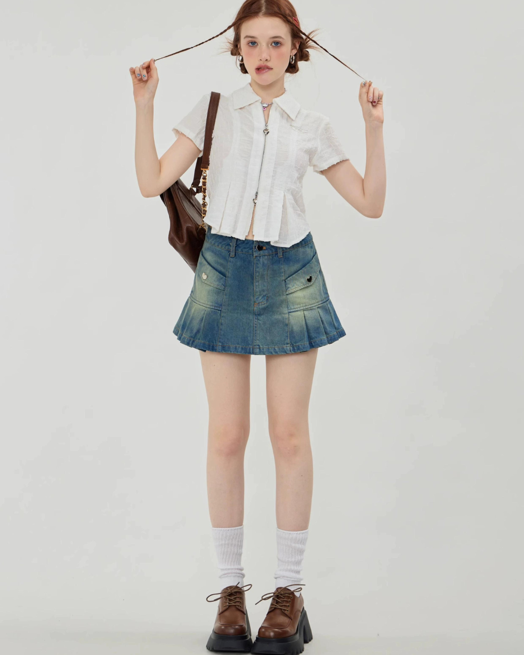 Pleated Denim Mini Skirt