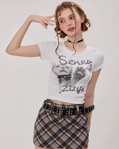 Slim Short Cat Print Round Neck T-Shirt