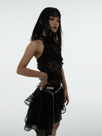 Ruffle Tulle Design Asymmetrical Mini Skirt