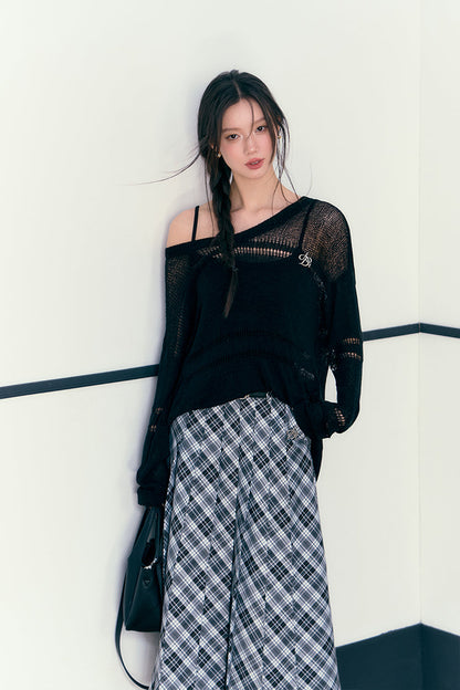 Check Pleated Long Skirt