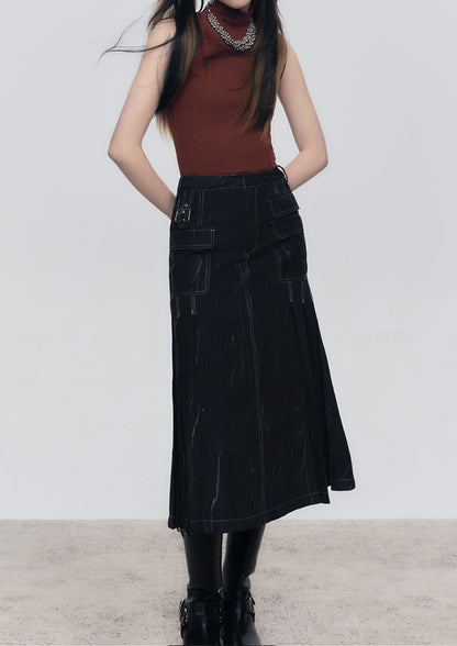 Pleated pocket A-line skirt