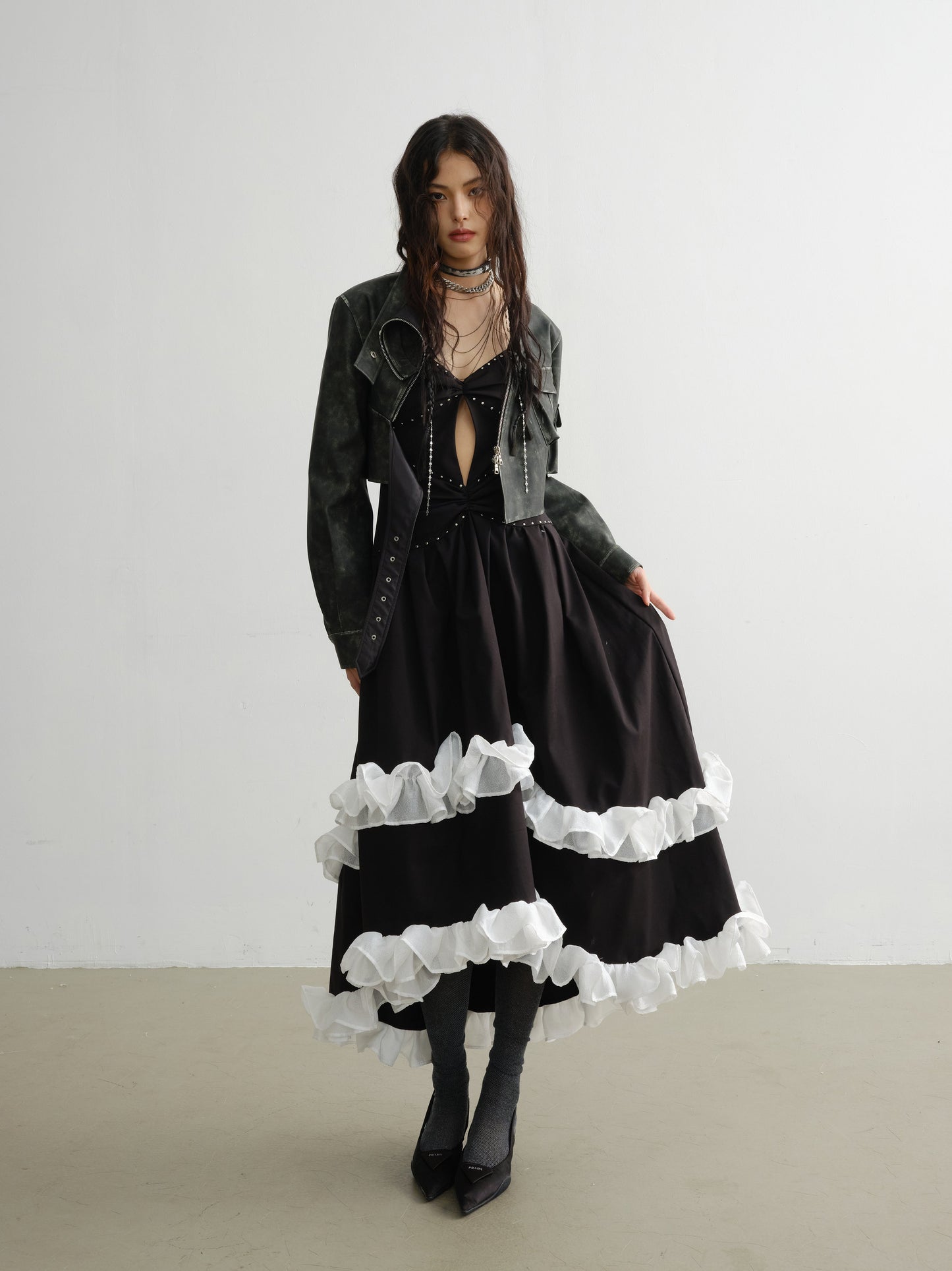 Punk Style Rivets Decorated Contrasting Lace Irregular Dress