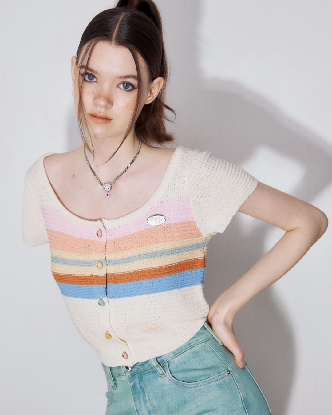 Colorful Border Knit Short Sleeve Cardigan