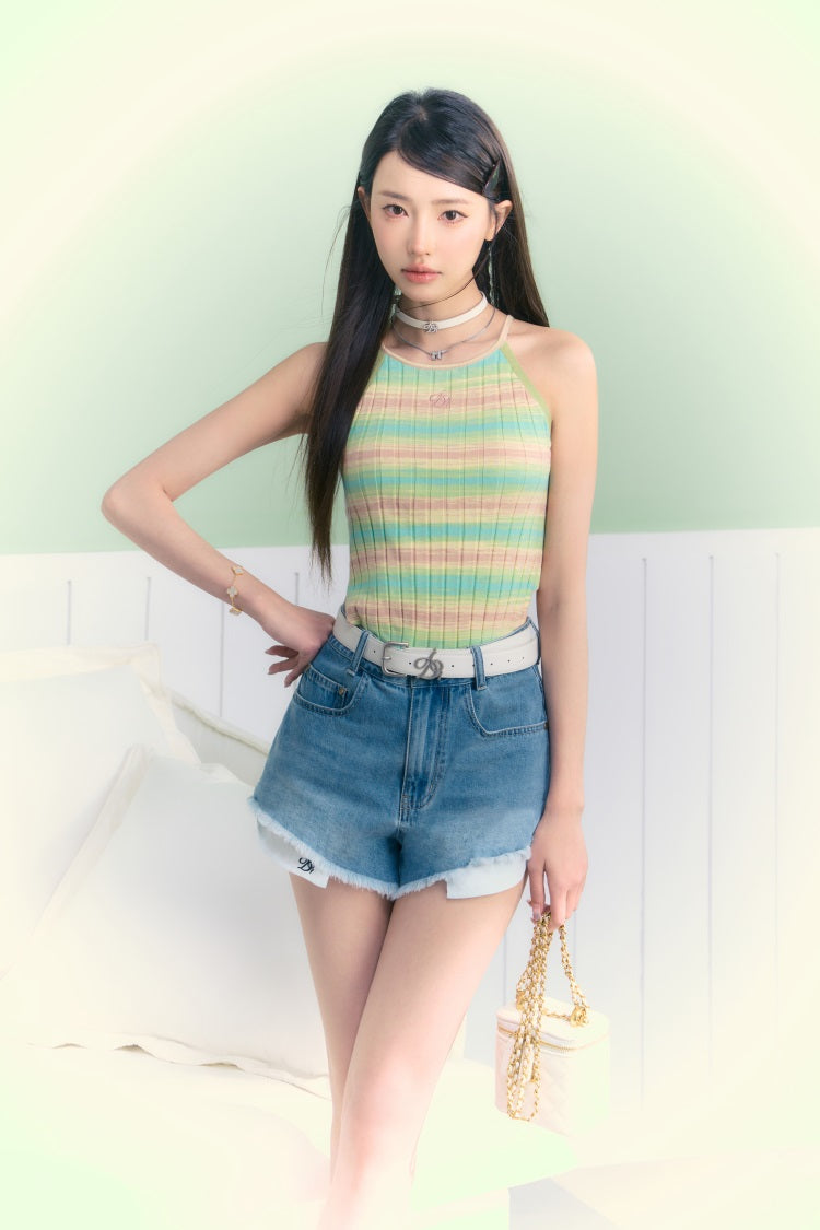 Logo Embroidery Summer Color Ribbed Knit Camisole