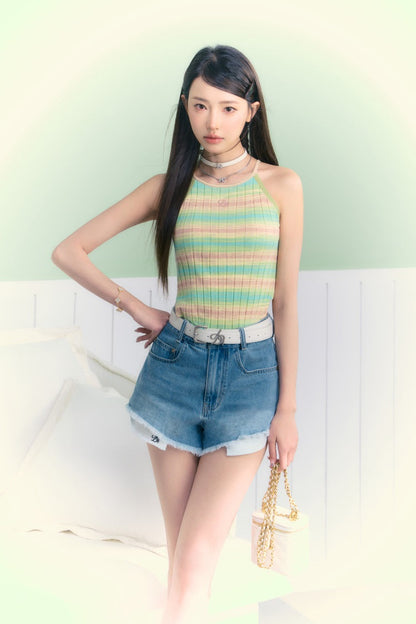 Logo Embroidery Summer Color Ribbed Knit Camisole