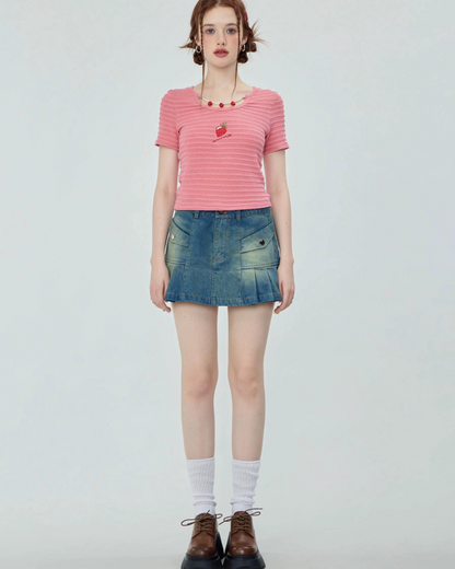 Pleated Denim Mini Skirt