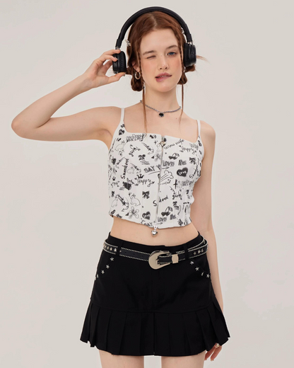 Graffiti Printed Zip Rib Camisole