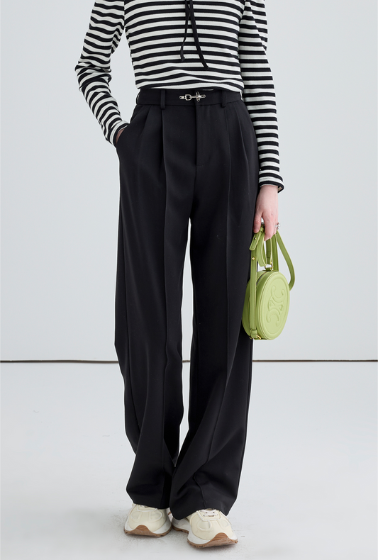 Wide Draped Buckle Pleated Pants