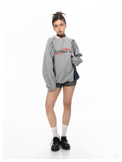 Street Casual Contrasting Top-stitch Letter Print Sweatshirt