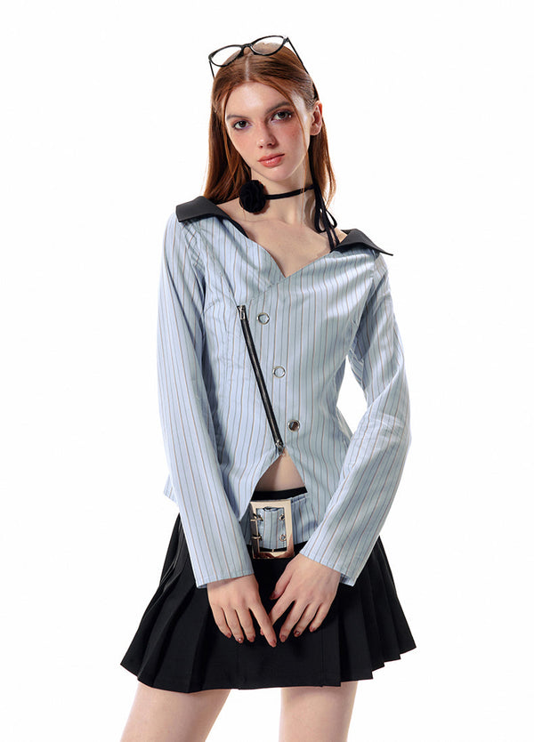 Zipper slit design striped shirt