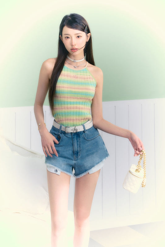 Logo Embroidery Summer Color Ribbed Knit Camisole