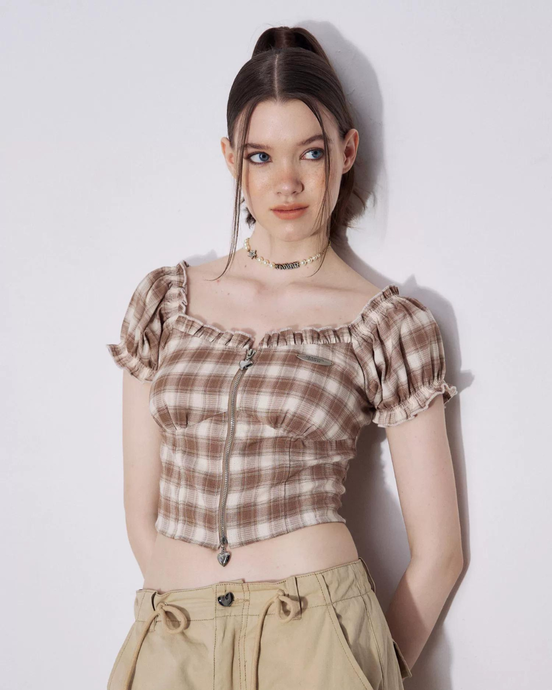 Retro Plaid Off-Shoulder Tops