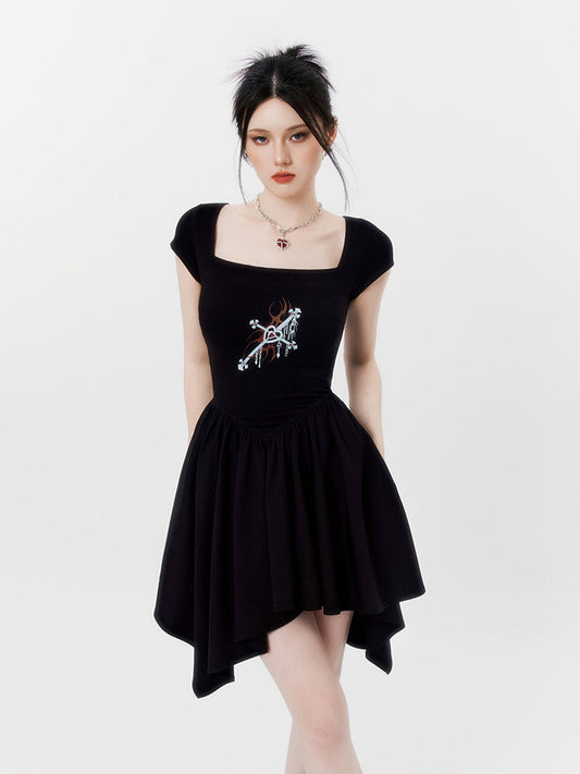 Cross Print Asymmetrical Flared Dress
