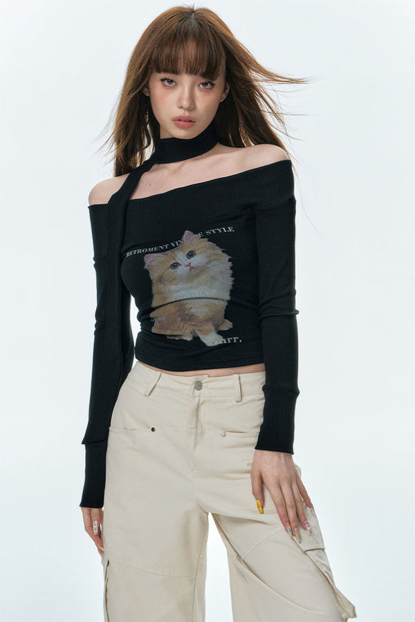 Cute Cat Print One-shoulder Slim Long-sleeved T-shirt