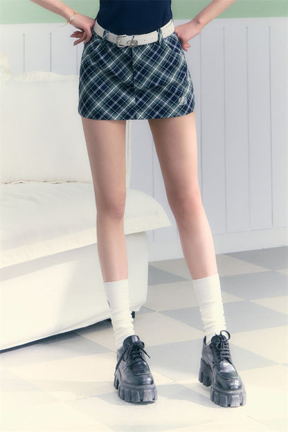 Retro Navy Blue Checked Mini Skirt
