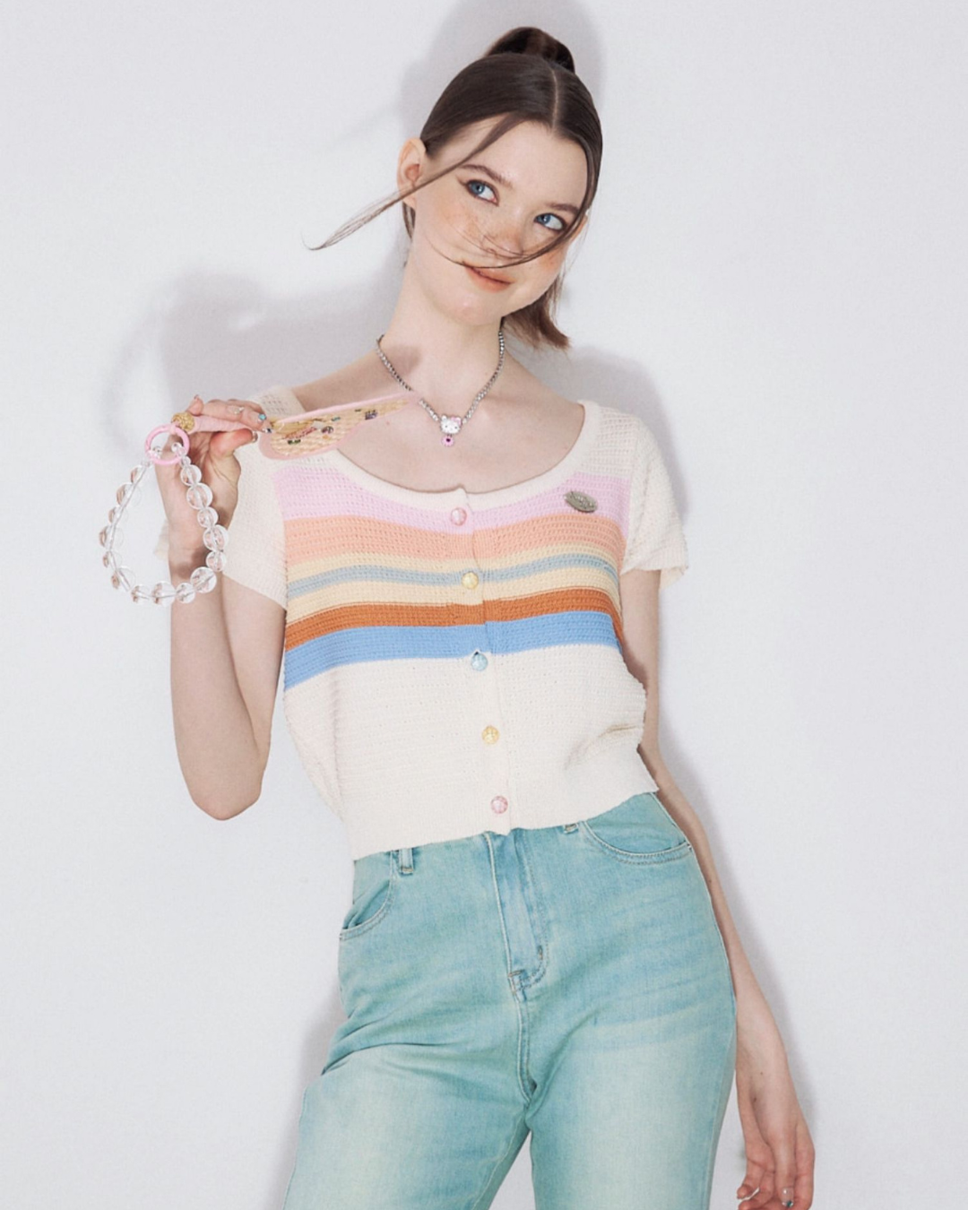 Colorful Border Knit Short Sleeve Cardigan