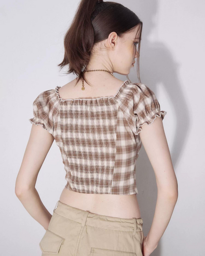 Retro Plaid Off-Shoulder Tops