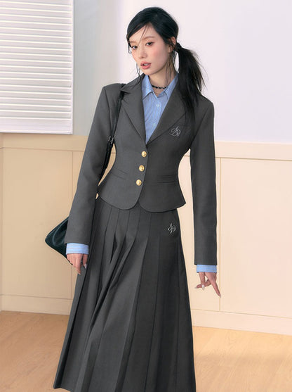 Three-piece short jacket and skirt