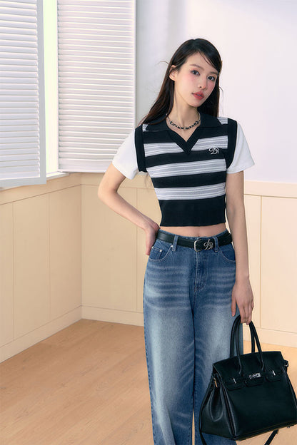 V-Neck Striped Short Knit Top