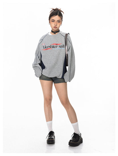 Street Casual Contrasting Top-stitch Letter Print Sweatshirt