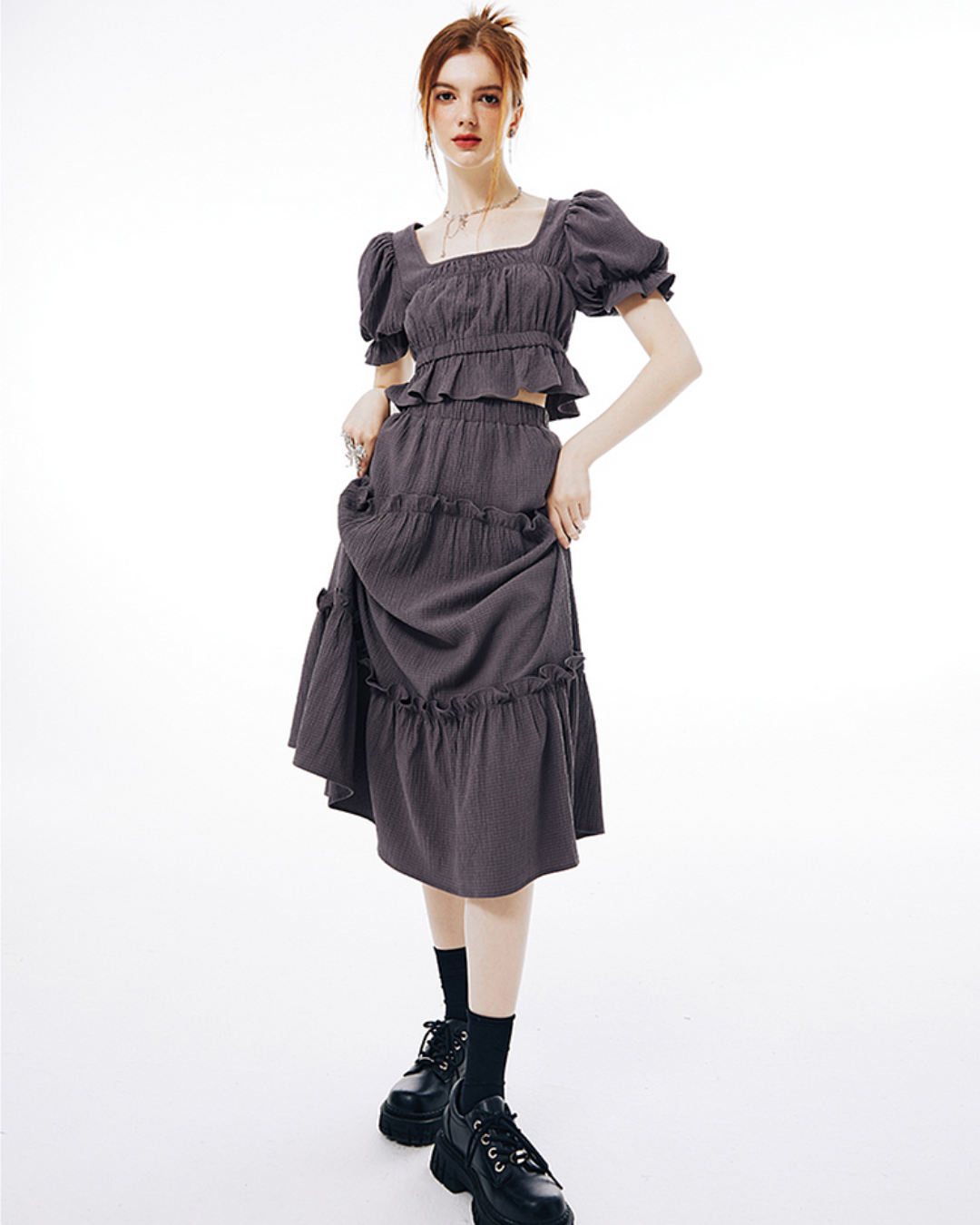 Balloon Sleeve Ruffle Dress